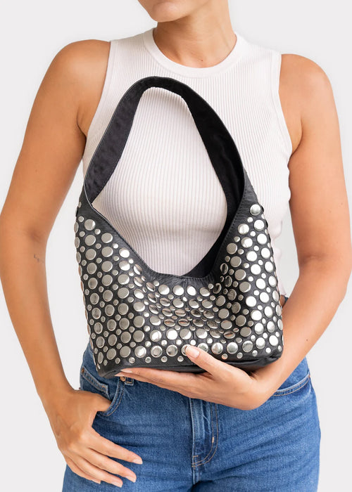 Silver Studded Black Leather Hobo Bag