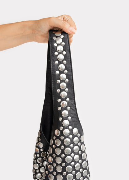 Silver Studded Black Leather Hobo Bag
