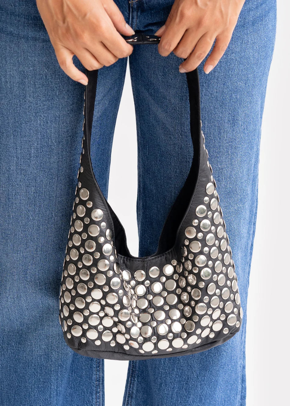 Silver Studded Black Leather Hobo Bag