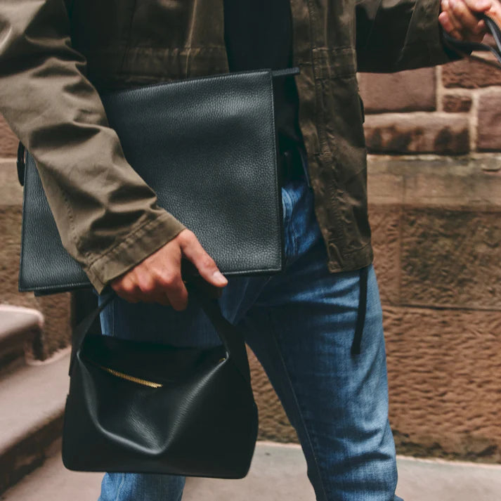 Sleek Pebbled Leather Zip Portfolio Clutch