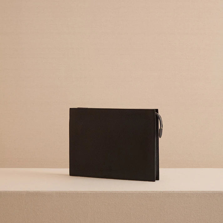 Sleek Pebbled Leather Zip Portfolio Clutch