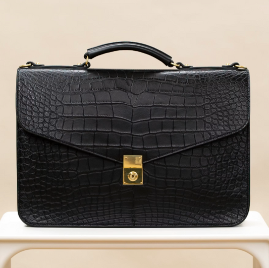 Black Croc-Embossed Leather Briefcase