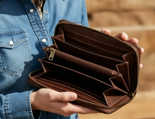 Vintage Brown Leather Zip-Around Accordion Wallet