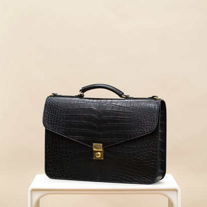 Black Croc-Embossed Leather Briefcase