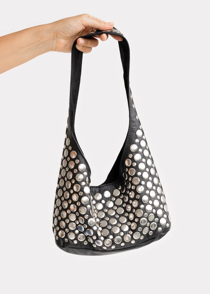 Silver Studded Black Leather Hobo Bag