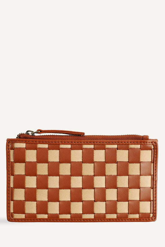 Tan & Beige Woven Leather Card Holder Wallet