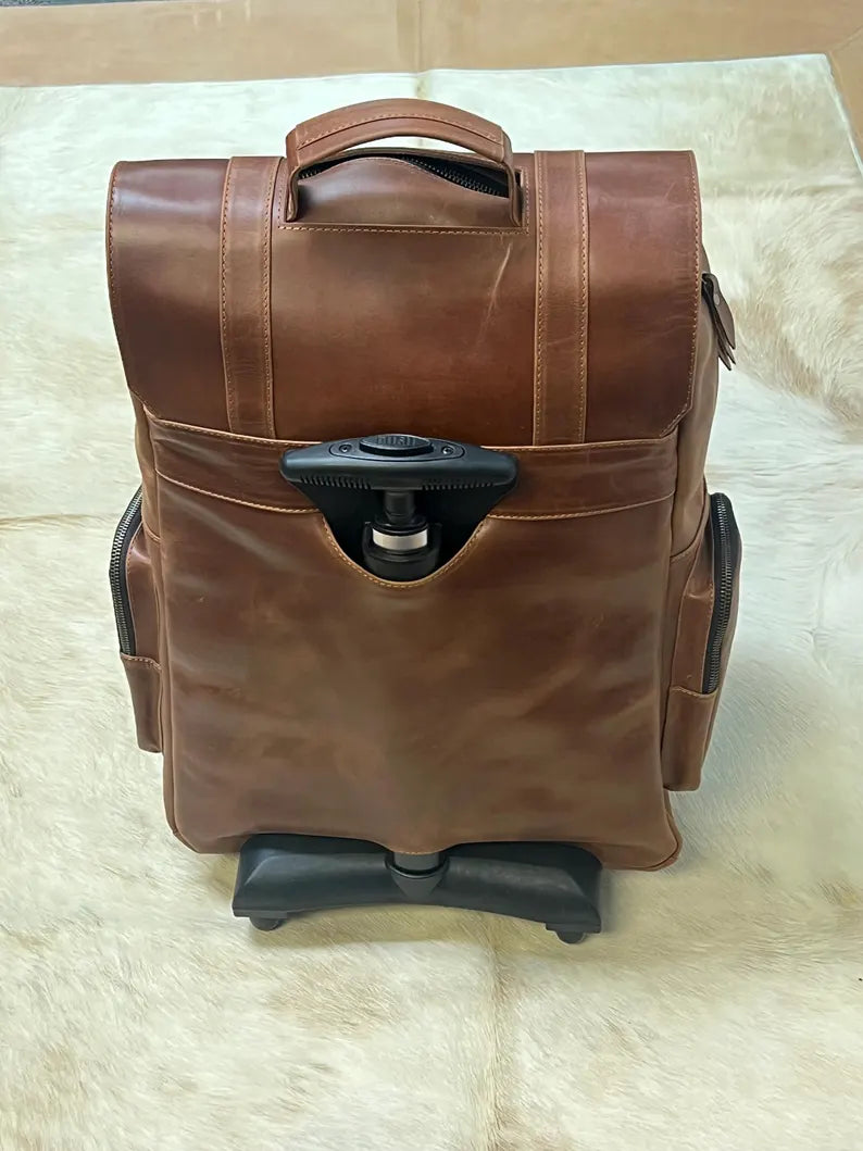 Vintage Leather Rolling Backpack – 2-in-1 Trolley & Travel Bag