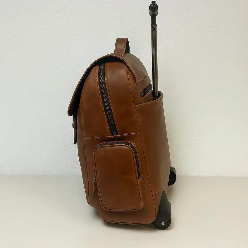 Vintage Leather Rolling Backpack – 2-in-1 Trolley & Travel Bag