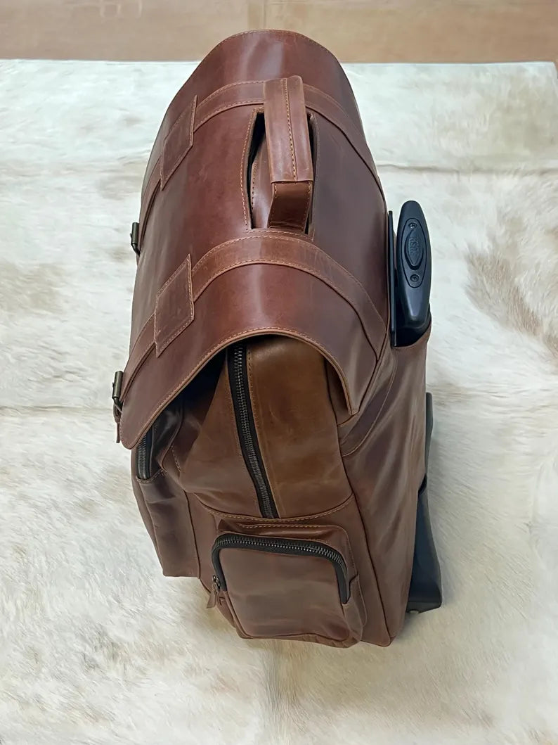 Vintage Leather Rolling Backpack – 2-in-1 Trolley & Travel Bag