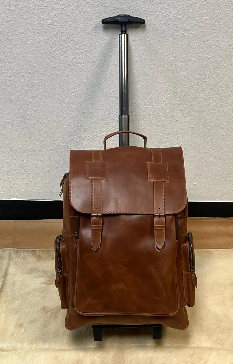 Vintage Leather Rolling Backpack – 2-in-1 Trolley & Travel Bag
